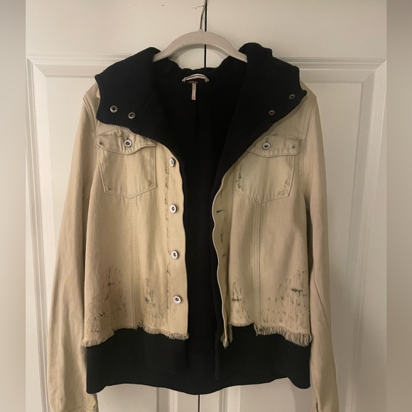 Free People Denim Jean Jacket with Navy hooded sweatshirt underneath - Picture 3 of 4